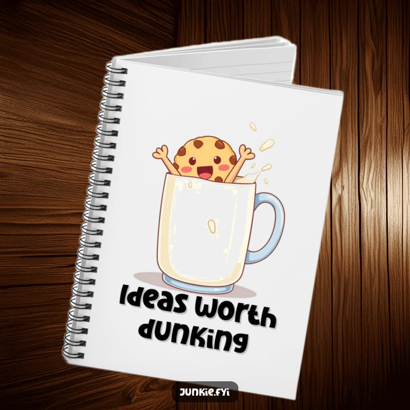 Funny cookie character jumping into milk on the cover of a notebook, inspiring sweet thoughts and notes.