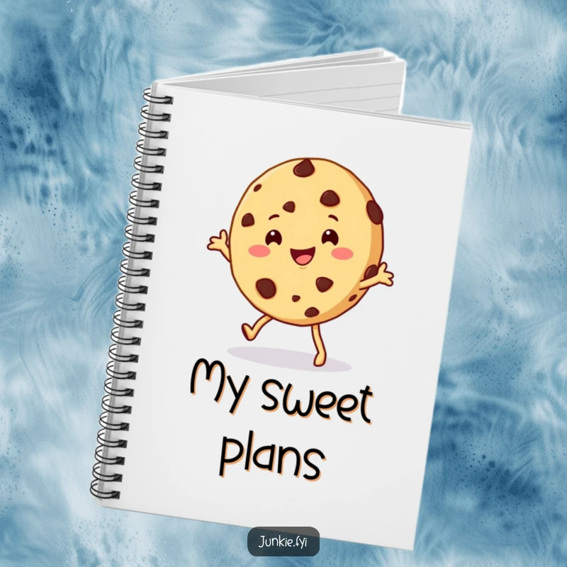Funny cookie notebook with a happy chocolate chip cookie character doing a playful shimmy, ideal for jotting down sweet recipes and creative thoughts.