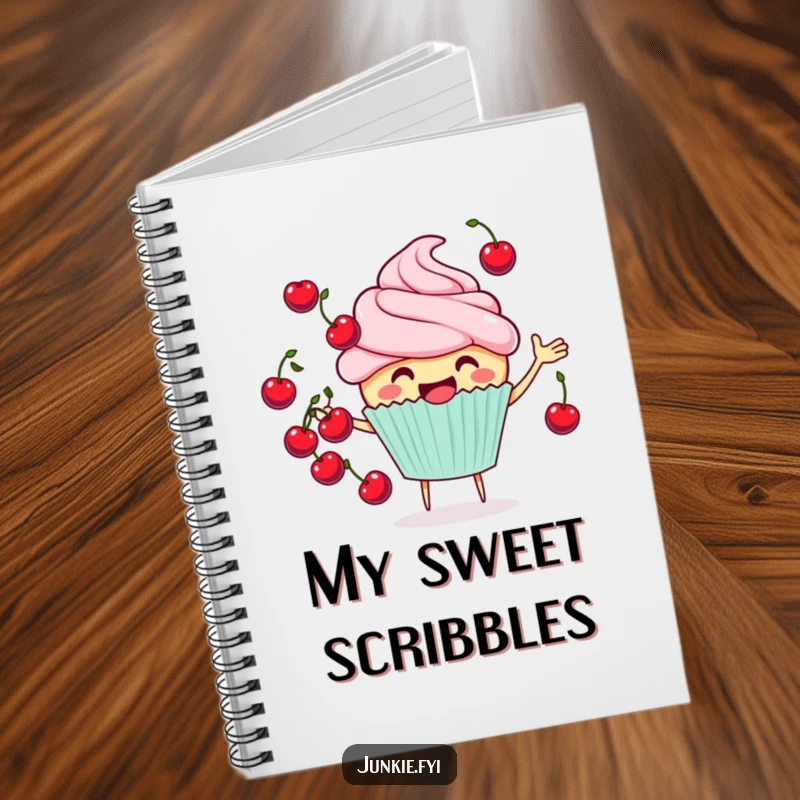 Funny cheerful cupcake notebook juggling cherries, a cute and inspiring journal for notes and drawings.