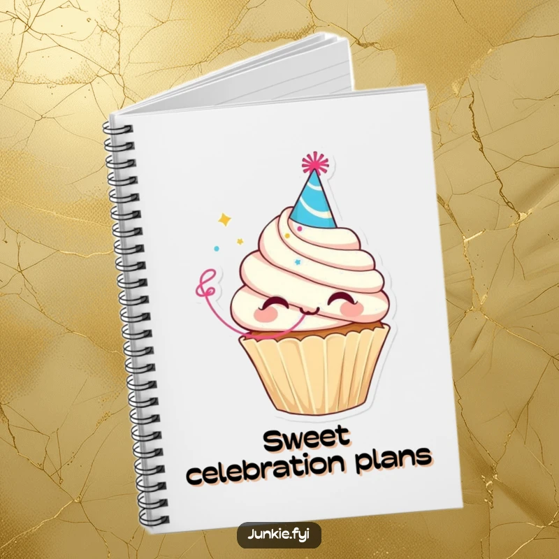 Funny notebook showcasing a delighted cupcake character in a party hat blowing a streamer, ideal for capturing festive thoughts.