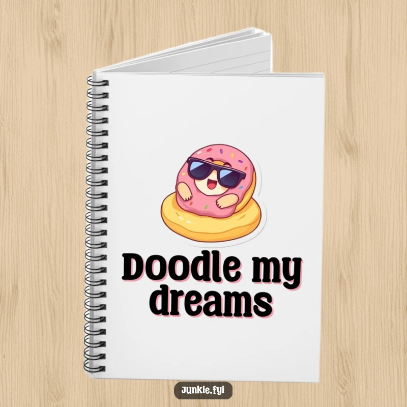 Funny Notebook with a delighted donut in sunglasses lounging on a giant chip, perfect for jotting down ideas with cool, snack-themed inspiration.