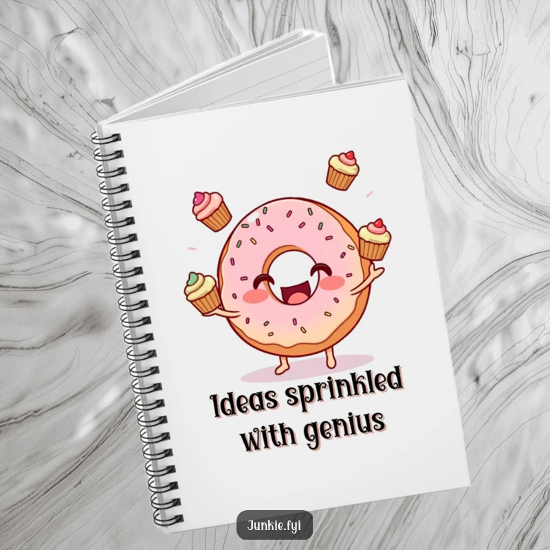 Funny donut character juggling cupcakes on the cover of a notebook, ideal for school, work, or personal journaling.