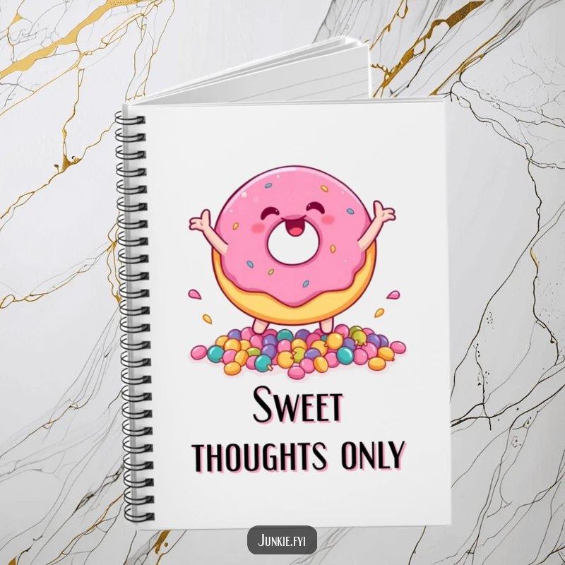 Funny donut character joyfully bouncing tiny candies, featured on a notebook for sweet ideas.