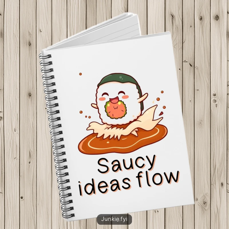 Funny notebook showcasing a giggling sushi roll character riding a soy sauce wave, ideal for capturing culinary thoughts.