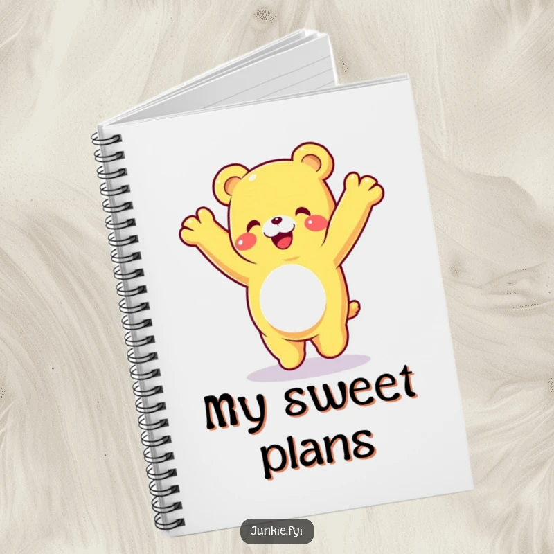 Funny gummy bear notebook, a happy character doing a cartwheel with a delighted expression, perfect for jotting down ideas.
