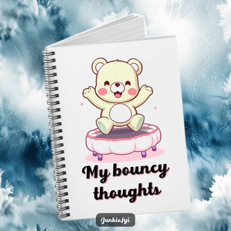 Funny notebook cover with a happy gummy bear character bouncing on a marshmallow trampoline. Humorous stationery.