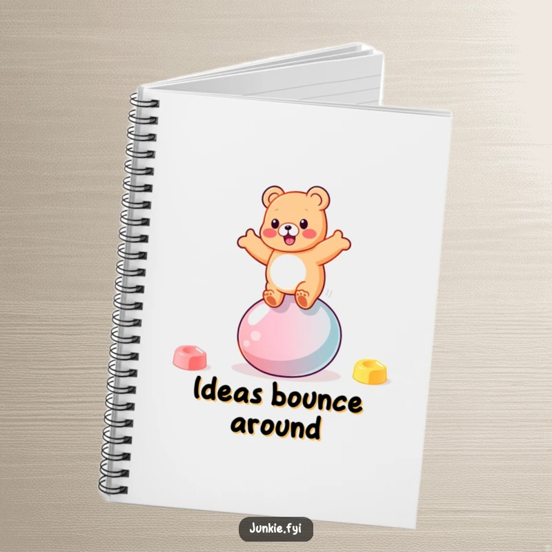 Funny gummy bear character bouncing gleefully on a giant jellybean on the cover of a handy notebook.