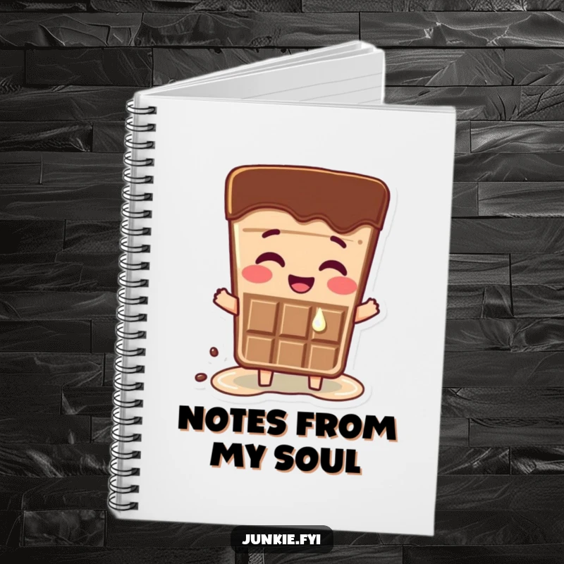 Funny notebook cover with a happy chocolate bar character melting slightly from excitement. Humorous stationery.