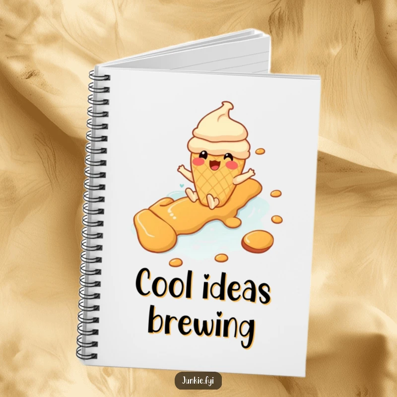 Funny ice cream cone character gleefully sliding down a caramel river, featured on a notebook for sweet ideas.