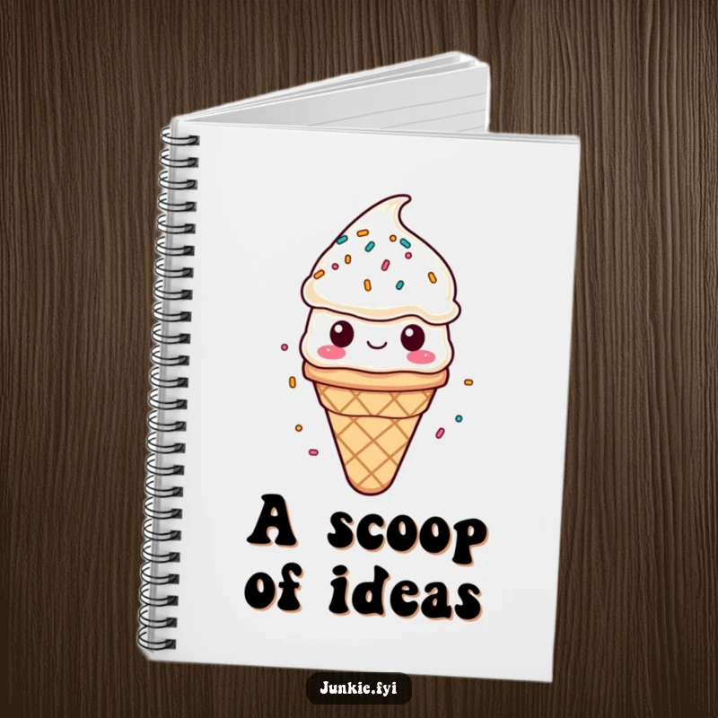 Funny notebook cover with a content ice cream cone character enjoying a shower of sprinkles. Humorous stationery.