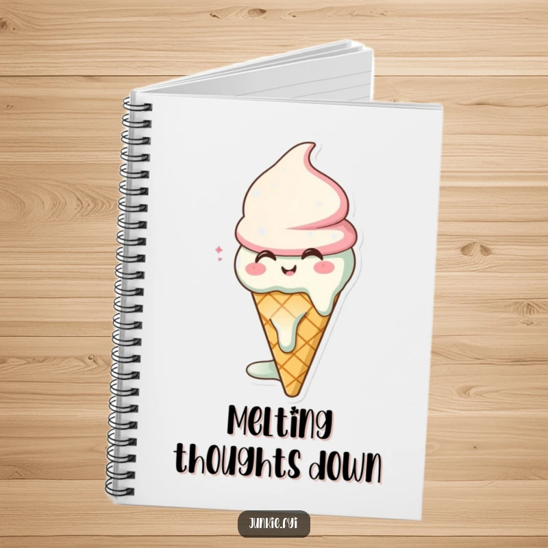 Funny ice cream cone notebook cover, melting with happy sighs, perfect for sweet thoughts and humor.