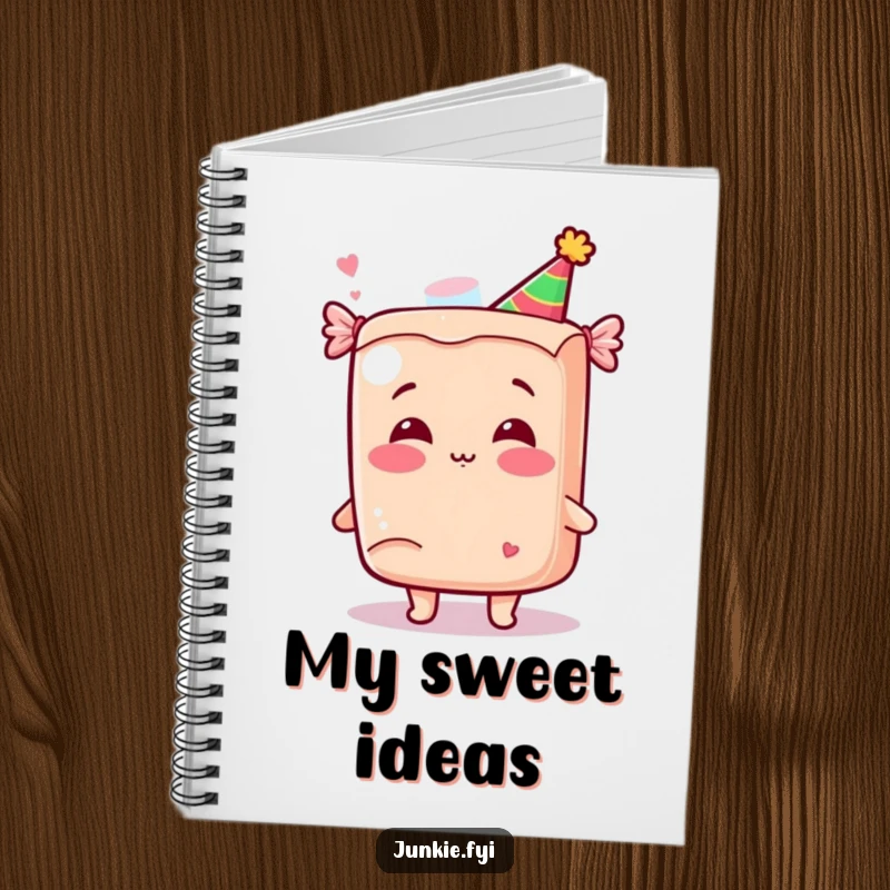 Funny Kawaii Candy Notebook: A giggling anthropomorphic candy bar in a party hat blows a kiss on the cover of this sweet and funny notebook.