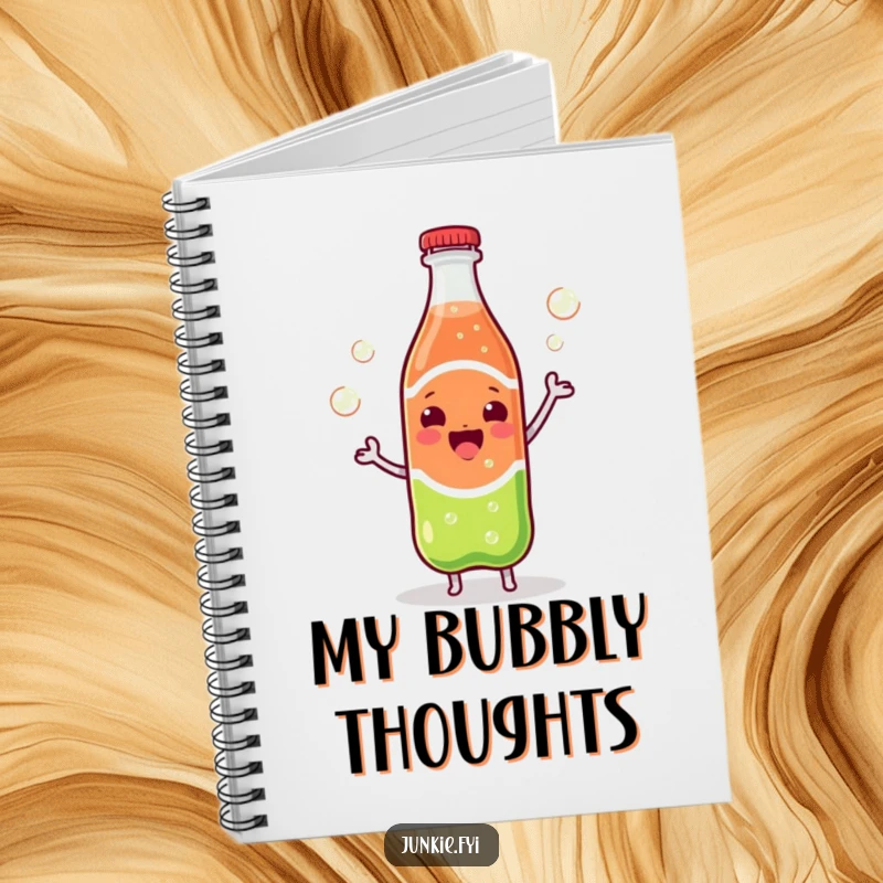 Funny Kawaii soda bottle dancing with vigorously escaping bubbles, ideal for writing and planning.