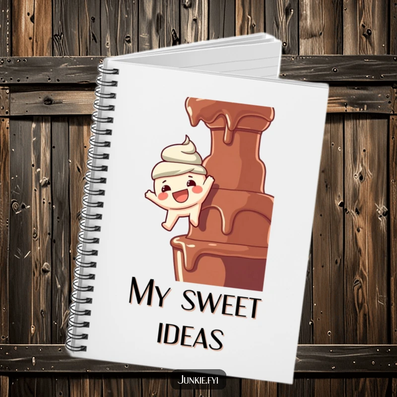 Funny notebook: A happy food character with a wide smile dangles over a chocolate fountain, inspiring creative writing and sweet ideas.