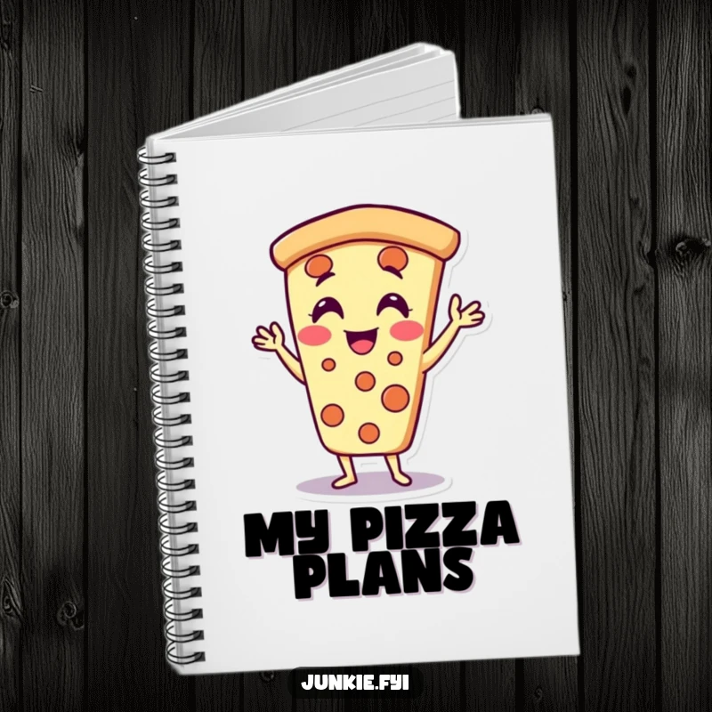 Funny pizza slice notebook cover, doing jazz hands with delight, perfect for notes and pizza humor.