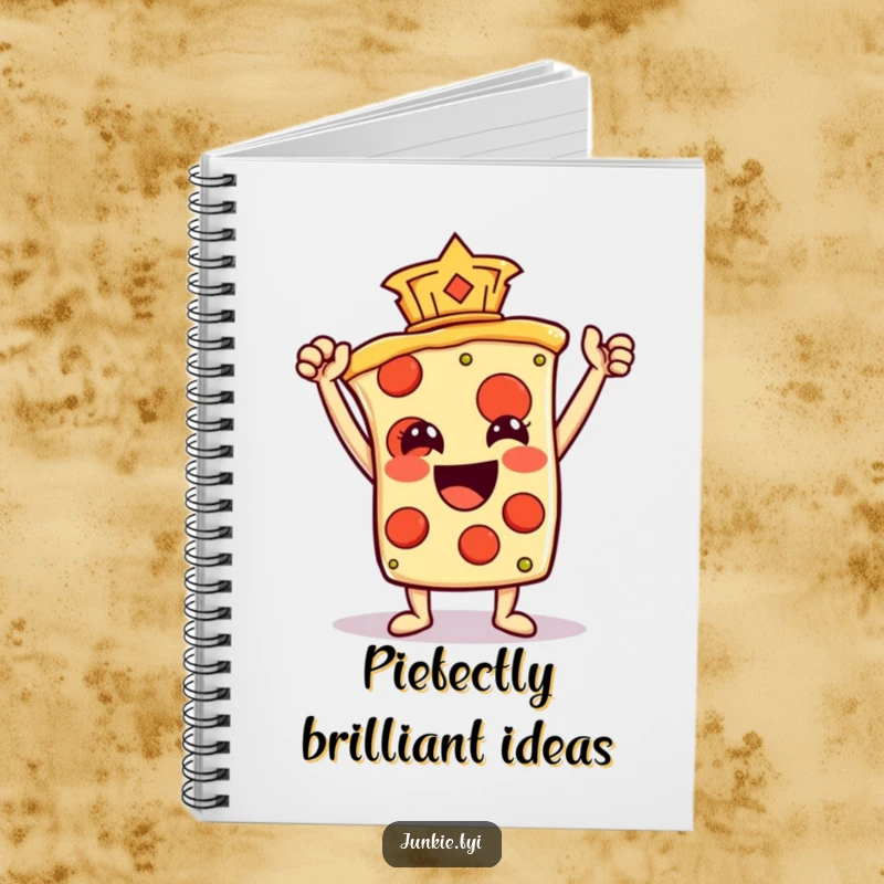 Funny Notebook featuring a pizza slice character holding a pepperoni trophy, perfect for jotting down delicious ideas and plans.