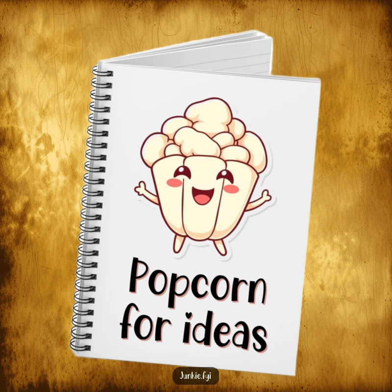 Funny popcorn notebook with a joyful kernel character energetically popping, idea for jotting down movie snack lists and creative thoughts.