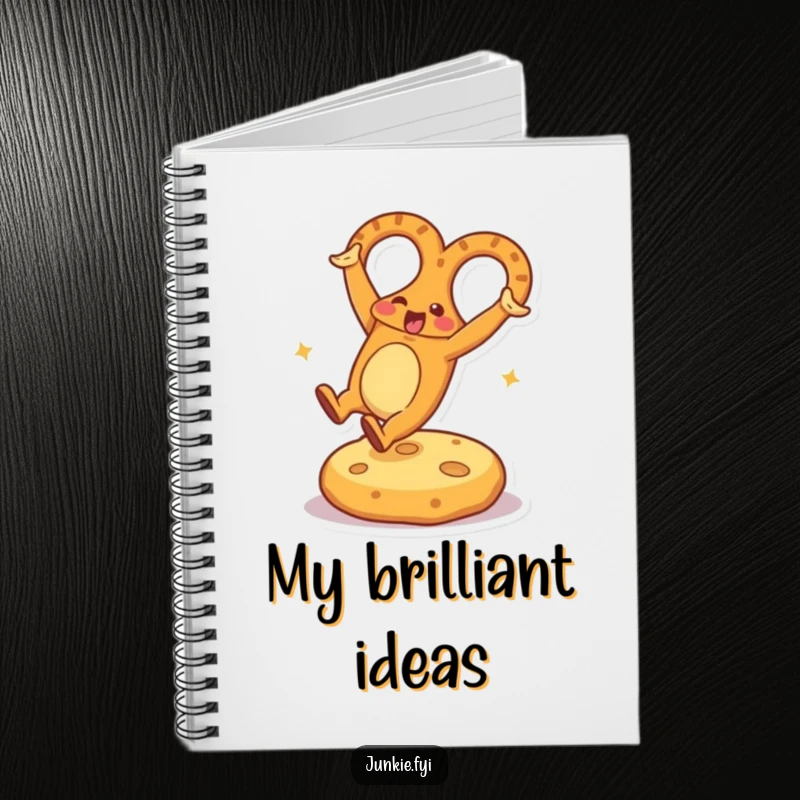 Funny Notebook featuring an energetic pretzel character doing a cartwheel on a cheese cushion, inspiring fun and note-taking.