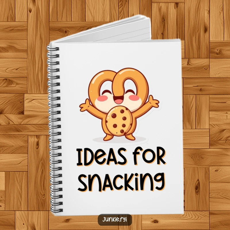Funny pretzel character with arms wide, eating a cookie, featured on a notebook for jotting ideas.