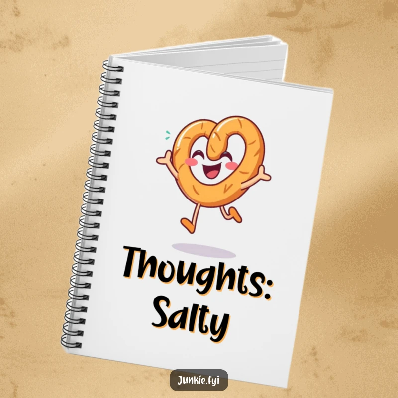 Funny pretzel notebook, a smiling character joyfully jumping with a sprinkle of salt, perfect for jotting down ideas.
