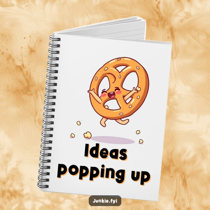Funny notebook cover featuring a thrilled pretzel doing a cartwheel made of popcorn kernels.