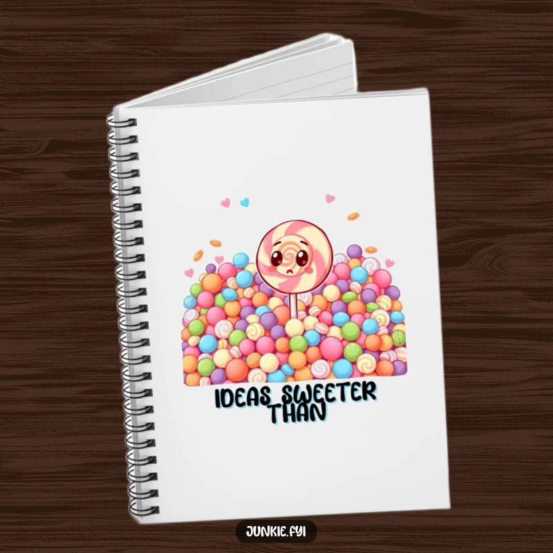 Funny notebook cover with a surprised lollipop character staring at a huge pile of candies. Humorous stationery.