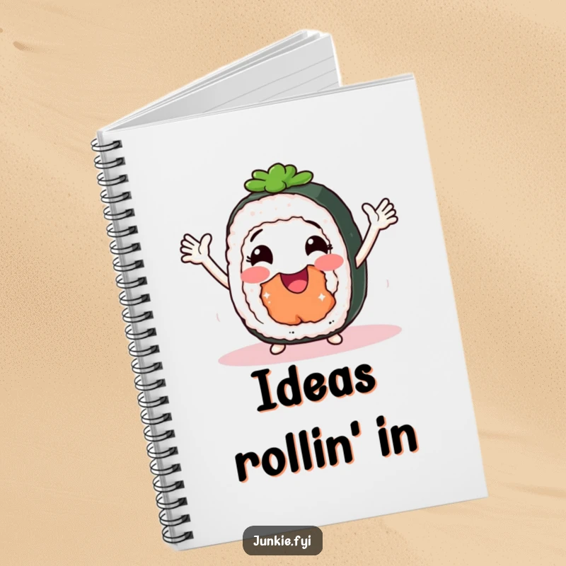 Funny Notebook with a smiling sushi roll doing a joyful shimmy, perfect for jotting down inspired thoughts.