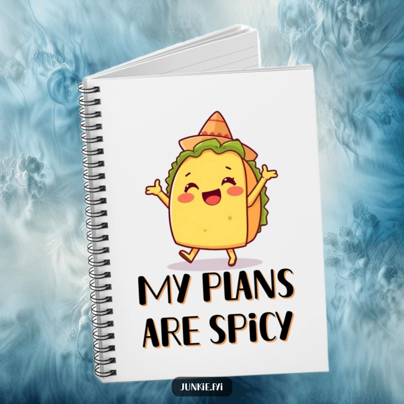 Funny notebook with a delighted taco character doing a silly dance with a tiny sombrero, perfect for fiesta notes.