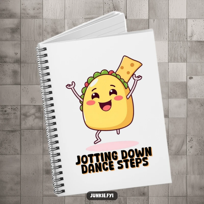 Funny Notebook with a happy taco character dancing with a chip, perfect for jotting down funny thoughts and creative ideas.