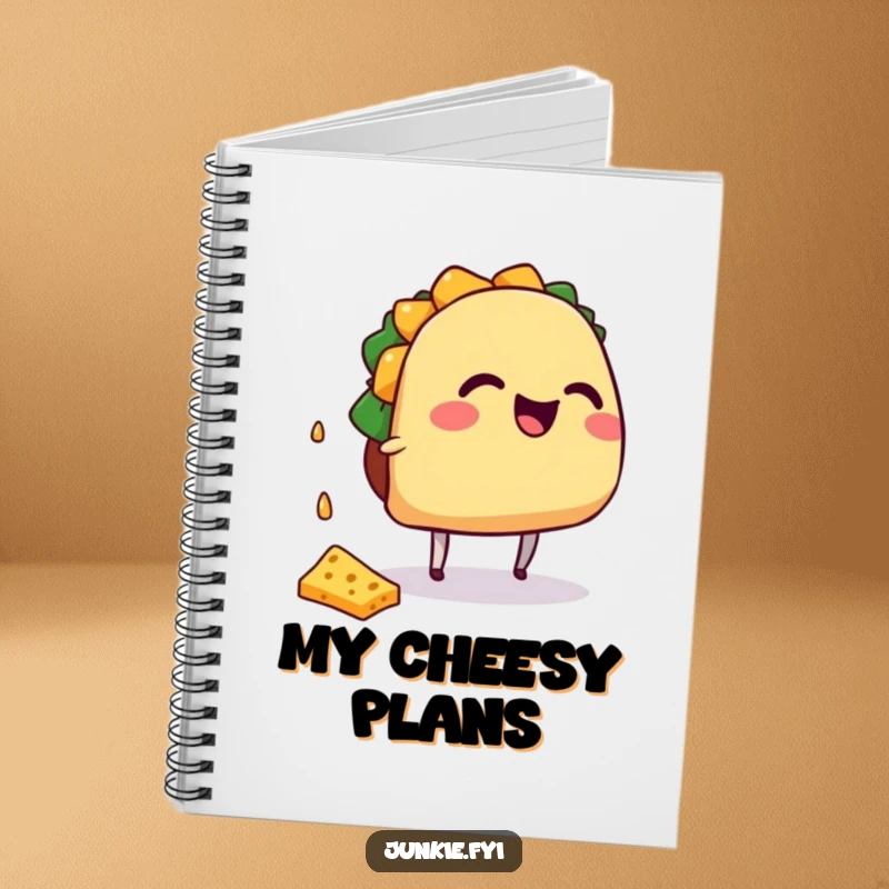Funny giggling taco character with tiny legs catching falling cheese, on a notebook.