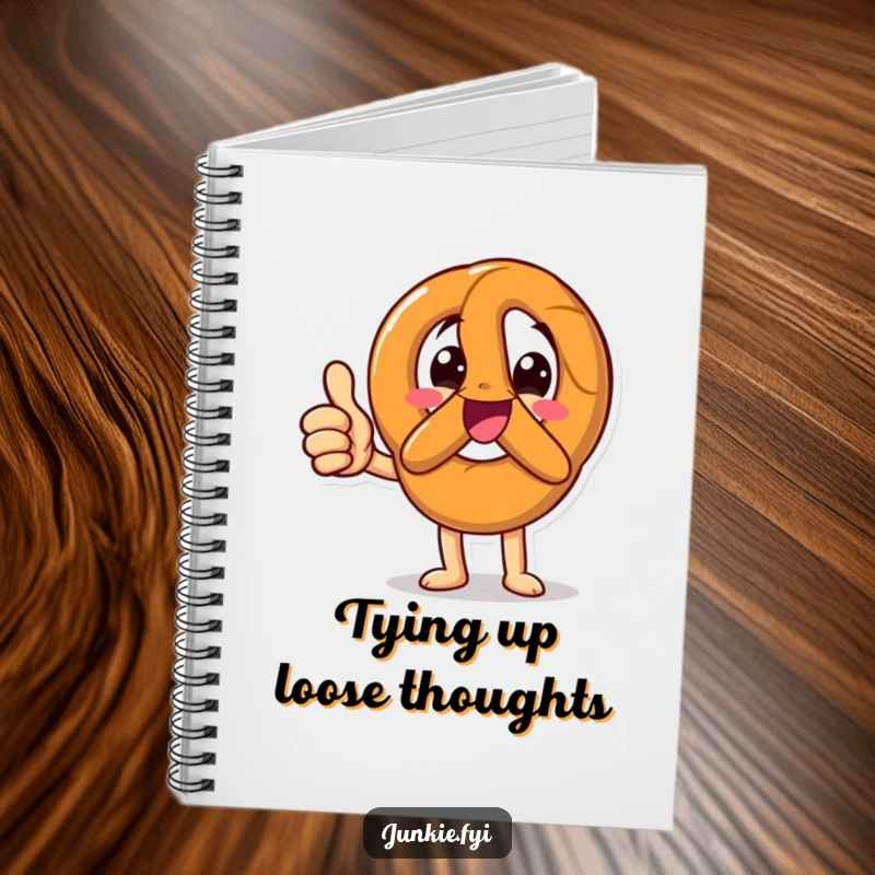 Funny Notebook with a happy pretzel character giving an enthusiastic thumbs up, perfect for jotting down ideas with positive, snack-themed inspiration.