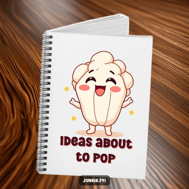 Funny popcorn kernel character bursting with joy on the cover of a notebook, inspiring energetic ideas.