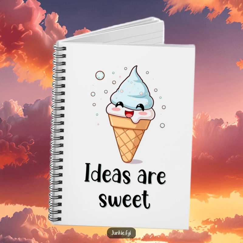 Funny notebook cover featuring a joyful ice cream cone throwing shimmering sugar crystals. A sweet and inspiring journal, perfect funny gift.