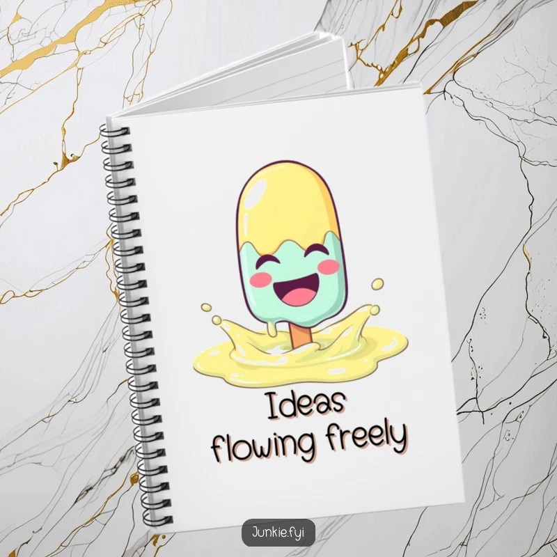 Funny popsicle character melting with joy, splashing in a lemonade puddle, on the cover of a handy notebook.