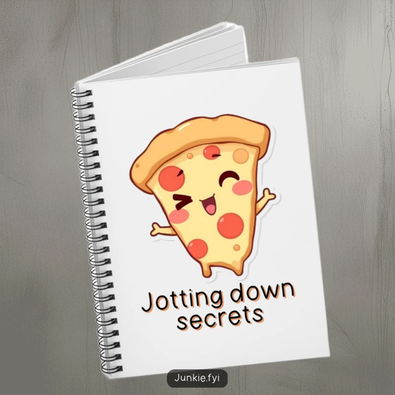 Funny Notebook with a mischievous pizza slice character giving a playful wink, perfect for jotting down ideas with cheesy inspiration.