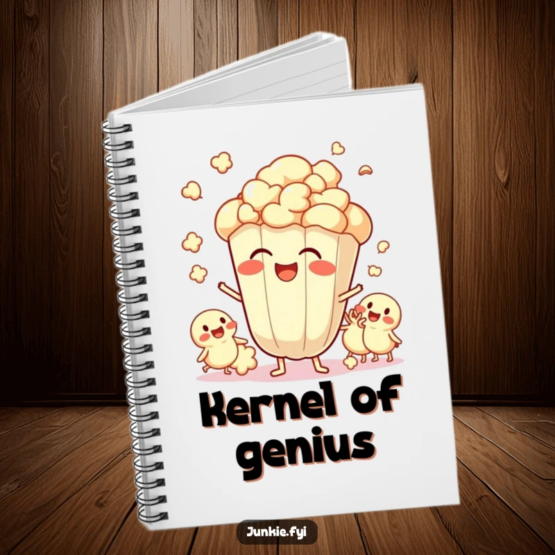 Funny Notebook with a giggling popcorn kernel and popping friends, perfect for jotting down exciting ideas and plans.
