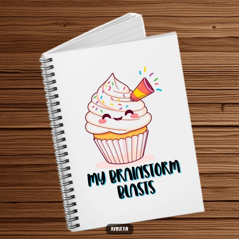 Funny Kawaii cupcake blowing colorful sprinkles from a party horn, ideal for notes and journaling.