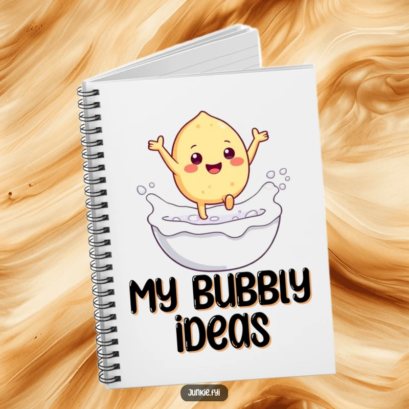 Funny notebook with a gleeful food character and tiny legs leaping into a foamy milk bath, ideal for jotting down fun thoughts.