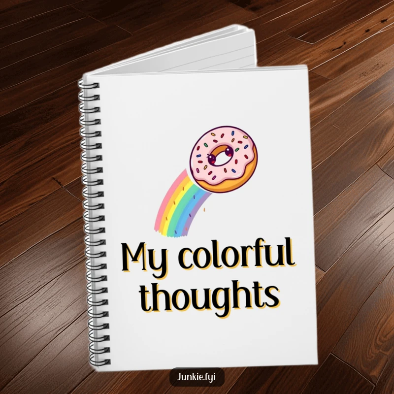 A donut slides down a sprinkle rainbow on this notebook cover, making note-taking a sweet and funny experience.