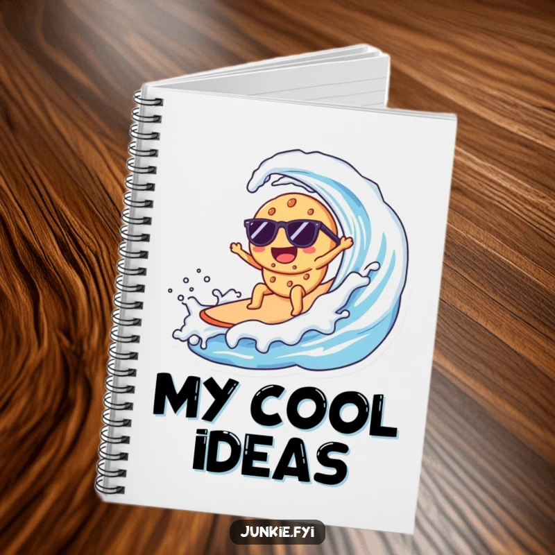 Funny Kawaii cookie wearing sunglasses, surfing a milk wave, ideal for writing and sketching.