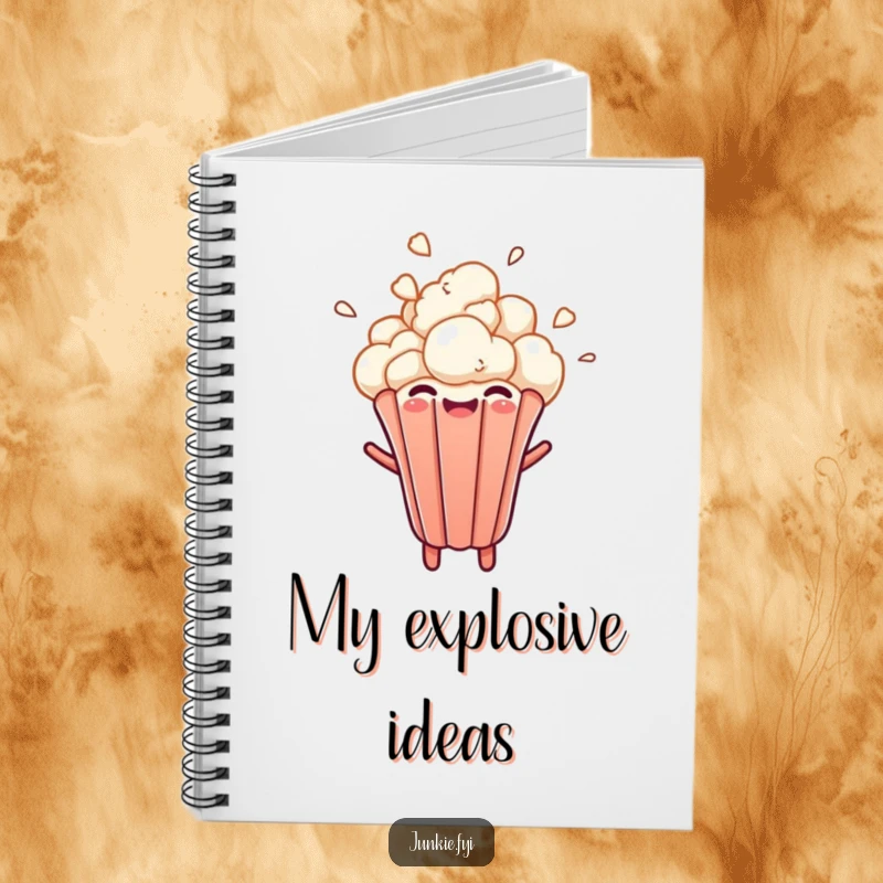 A popcorn kernel bursts upwards with joy on this notebook cover, making note-taking an energetic and funny experience.