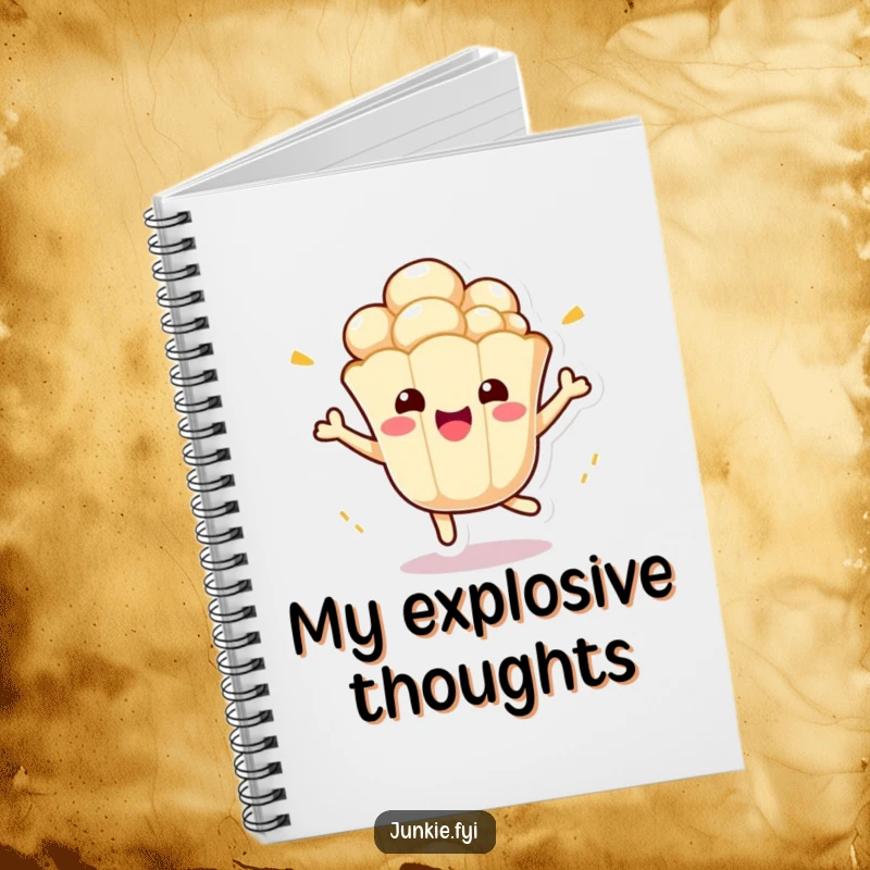Funny Kawaii Popcorn Notebook: A cute anthropomorphic popcorn kernel bounces with excitement on the cover of this energetic and funny notebook.