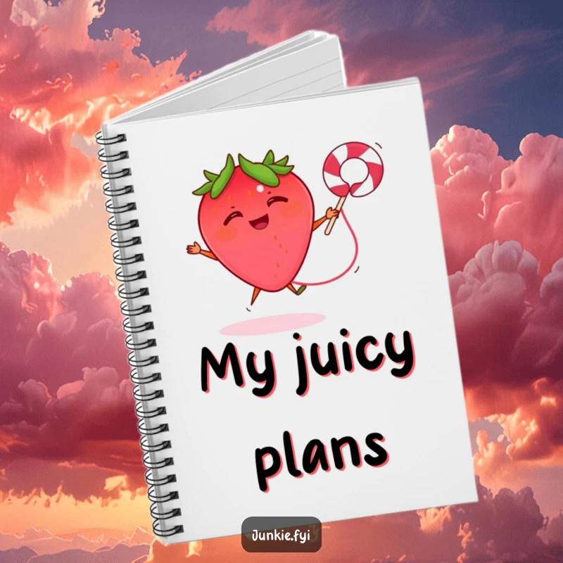 Funny notebook showing a giggling strawberry jumping rope with a licorice string, perfect for jotting down energetic ideas.