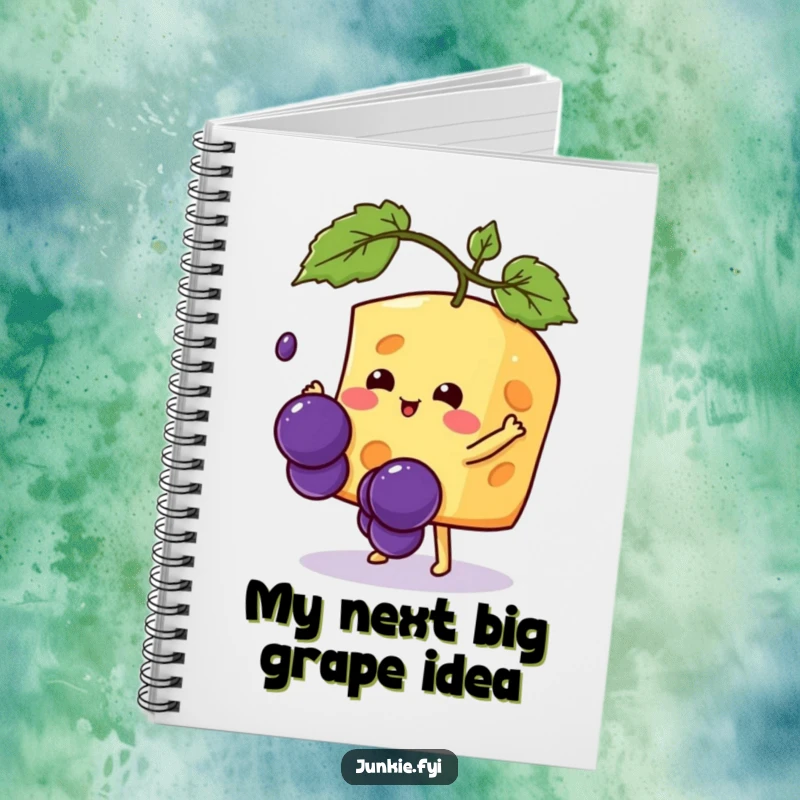 Funny Kawaii cheese character humorously attempting to catch a falling grape, a charming and functional notebook cover.