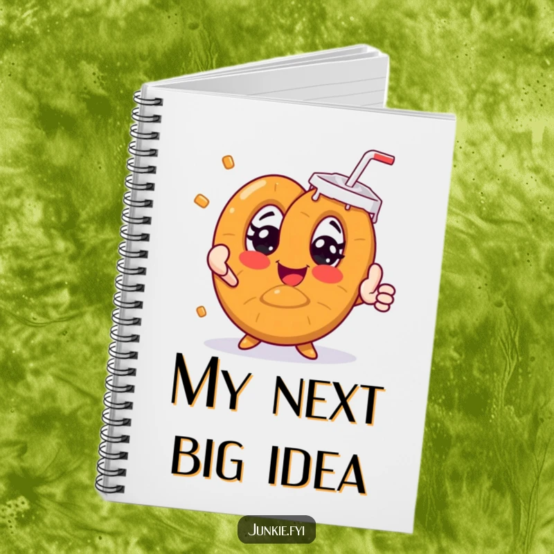 Funny pretzel character reaching for a giant soda, adorning a ruled notebook.