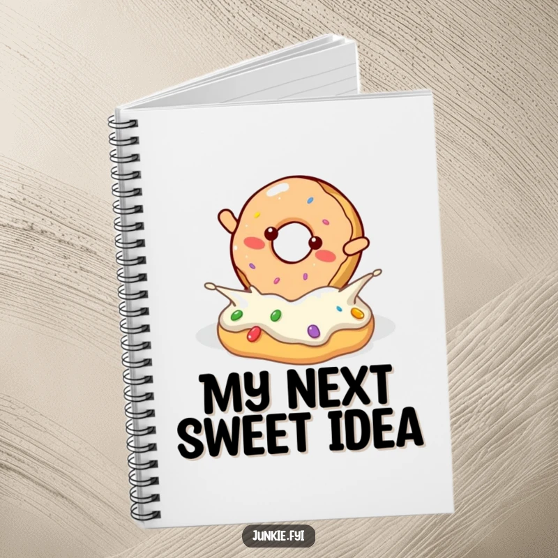 Funny donut character doing a joyful flip into frosting, on a notebook cover.