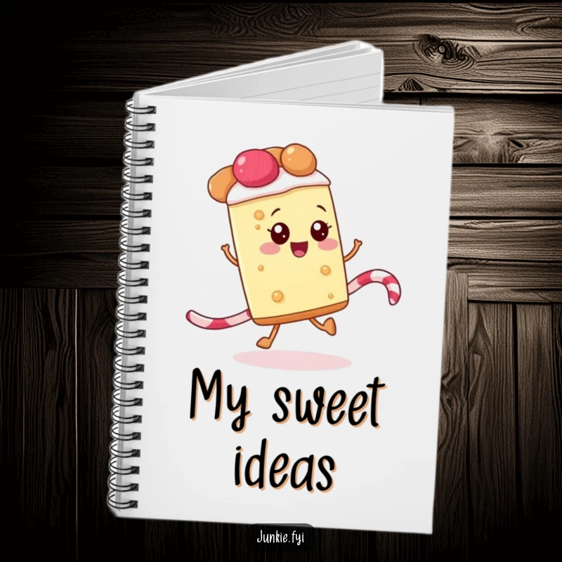 Funny notebook showing a happy slice of pie skipping along a licorice rope, perfect for jotting down sweet ideas and plans.