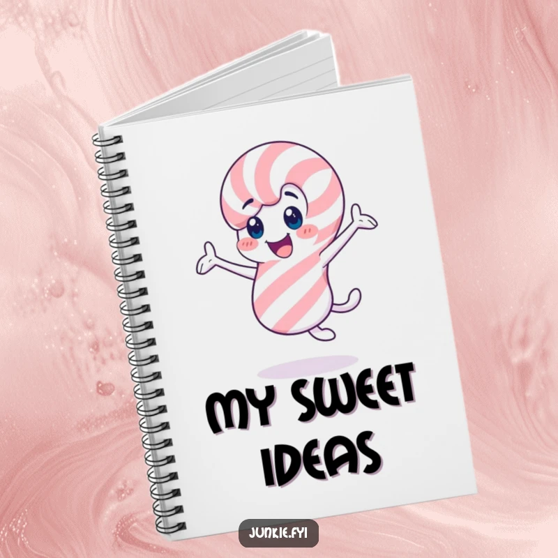 Funny candy cane notebook, a cheerful character twirling enthusiastically, perfect for jotting down holiday ideas.