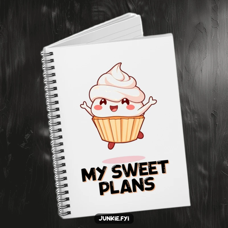 Funny cupcake notebook, a delighted character mid-leap with frosting flying, perfect for jotting down sweet ideas.