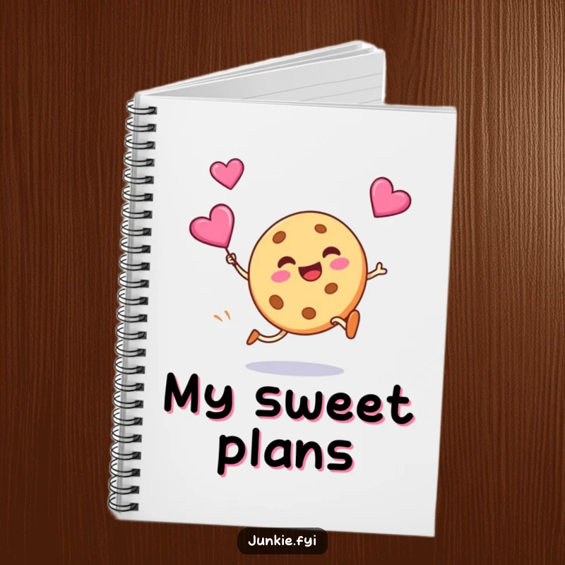 Funny notebook showing a silly cookie grinning as it kicks a flying candy heart, perfect for jotting down sweet ideas.